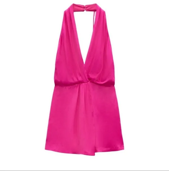 ZARA SATIN EFFECT SHORT JUMPSUIT ROMPER FUCHSIA Pink size L - Picture 12 of 12
